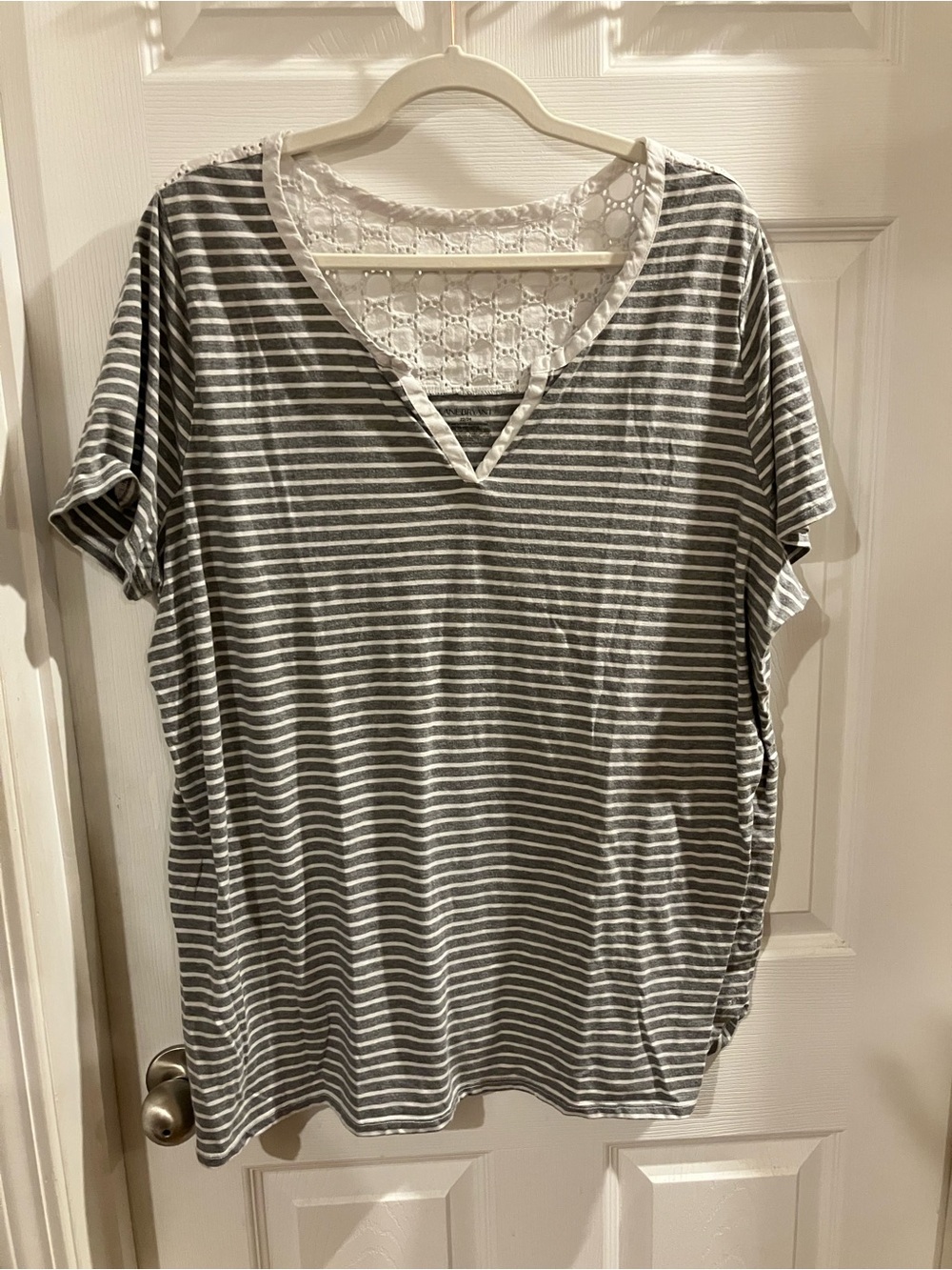 Lane Bryant Gray & White Striped V-Neck Short Sleeve Top with Lace Back